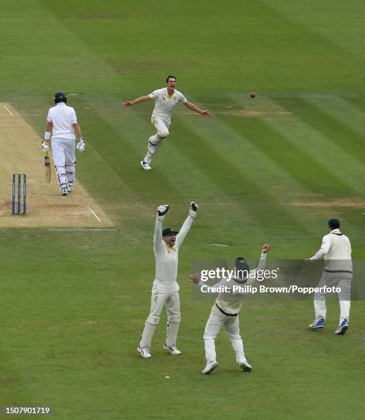 Pat Cummins of Australia reacts after dismissing Joe Root of England during the fourth day of the 2nd Test match between England and Australia at...