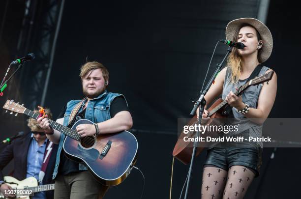 Ragnar Thorhallsson and Nanna Bryndis Hilmarsdottir from Of Monsters and Men perform at Rock En Seine Festival 10th Anniversary on August 25, 2012 in...