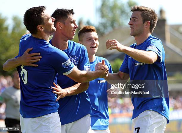 Andrew Little of Rangers celebrates his goal during the Irn-Bru Scottish Third Division match between Berwick Rangers and Glasgow Rangers at...