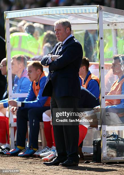 Ally McCoist the manager of Rangers looks on during the Irn-Bru Scottish Third Division match between Berwick Rangers and Glasgow Rangers at...