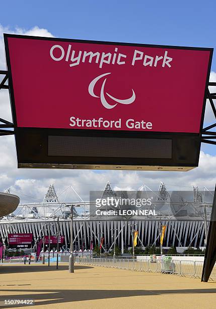 The Paralympic logo is shown above one of the entrances to the Olympic park in east London, England, on August 26, 2012. The Paralympic Games are set...