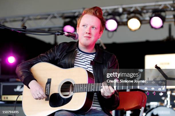 Alex Trimble of Two Door Cinema Club performs live on the BBC Introducing Stage on Day Three during the Reading Festival 2012 at Richfield Avenue on...