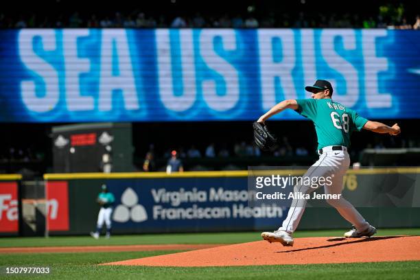 George Kirby of the Seattle Mariners pitches during the first inning against the Tampa Bay Rays at T-Mobile Park on July 01, 2023 in Seattle,...