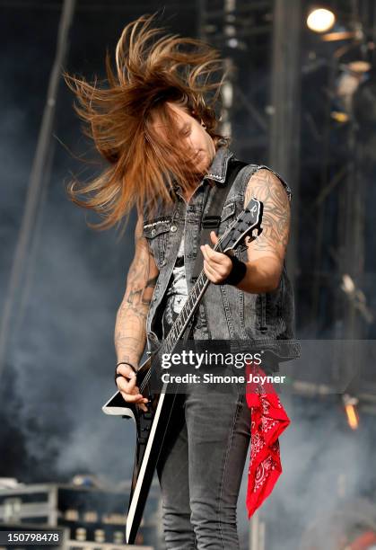 Matthew Tuck of Bullet For My Valentine performs live on the Main Stage on Day Three during the Reading Festival 2012 at Richfield Avenue on August...