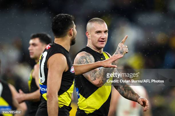 Dustin Martin of the Tigers celebrates during the 2023 AFL Round 17 match between the Richmond Tigers and the Sydney Swans at the Melbourne Cricket...