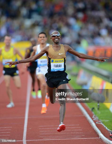 Mo Farah of Great Britain wins the Men's 2 Miles Race during the Samsung Diamond League 2012 Aviva Birmingham Grand Prix at Alexander Stadium on...