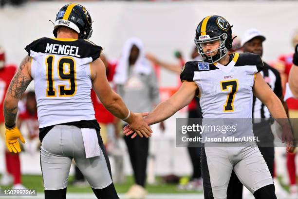 Chris Blewitt of the Pittsburgh Maulers celebrates with Matt Mengel after kicking a field goal against the Birmingham Stallions during the first...