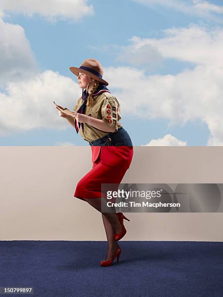 female scout top, air hostess bottom - air stewardess stockfoto's en -beelden