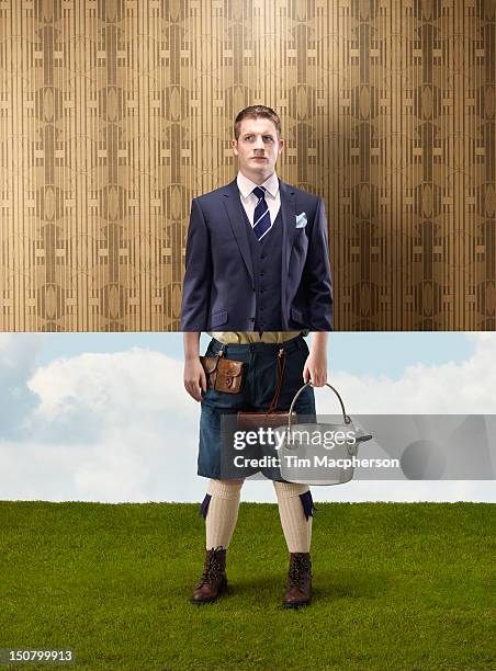 business man top, female scout bottom - bizarre job stock pictures, royalty-free photos & images