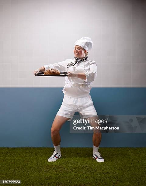 female baker top, tennis player bottom - chef competition stock pictures, royalty-free photos & images