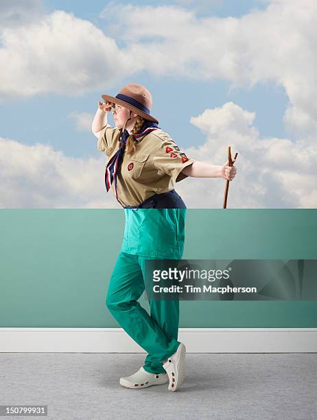 female scout top, surgeon bottom - crazy doctor stock pictures, royalty-free photos & images