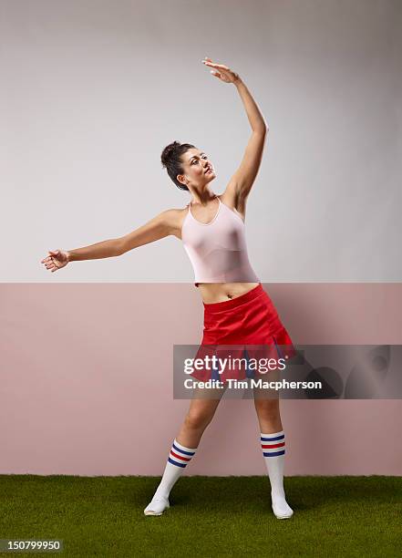 ballet dancer top, cheer leader bottom - cheerleader white background stock pictures, royalty-free photos & images