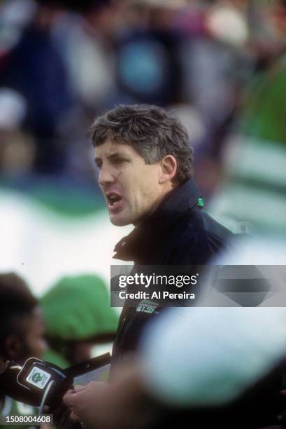 Defensive Coordinator Pete Carroll of the New York Jets follows the action in the game between the Indianapolis Colts vs the New York Jets at the...