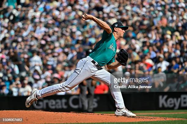 George Kirby of the Seattle Mariners pitches during the third inning against the Tampa Bay Rays at T-Mobile Park on July 01, 2023 in Seattle,...