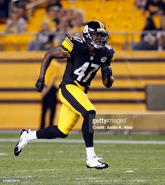 Myron Rolle of the Pittsburgh Steelers runs against the Indianapolis Colts during the game on August 19, 2012 at Heinz Field in Pittsburgh,...