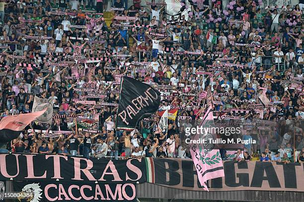 Palermo supporters show their support during the Serie A match between US Citta di Palermo and SSC Napoli at Stadio Renzo Barbera on August 26, 2012...