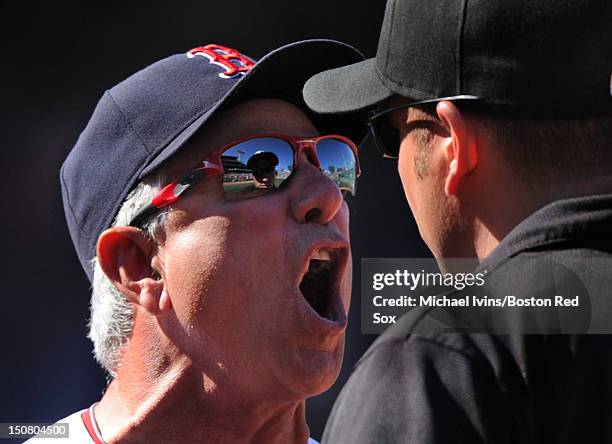 Manager Bobby Valentine of the Boston Red Sox argues with first base umpire Dan Bellino after being ejected from a game against the Kansas City...