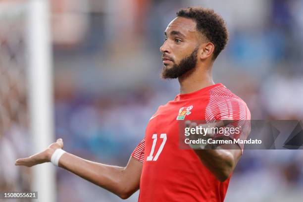 Anthony Baron of Guadeloupe celebrates his goal against team Cuba during the second half of the Concacaf Gold Cup match at Shell Energy Stadium on...