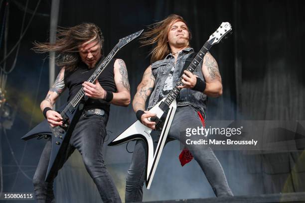 Michael Paget and Matthew Tuck of Bullet For My Valentine perform on the main stage during Day 3 of Reading Festival at Richfield Avenue on August...