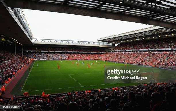 General view of the stadium during the Barclays Premier League match between Liverpool and Manchester City at Anfield on August 26, 2012 in...
