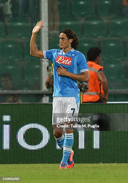 Edinson Cavani of Napoli reacts after scoring his team's third goal during the Serie A match between US Citta di Palermo and SSC Napoli at Stadio...
