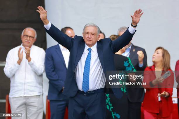 President of Mexico Andres Manuel Lopez Obrador acknowledges his supporters during the 5th year celebration of the victory in the 2018 presidential...