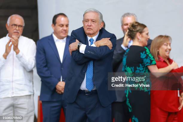President of Mexico Andres Manuel Lopez Obrador acknowledges his supporters during the 5th year celebration of the victory in the 2018 presidential...