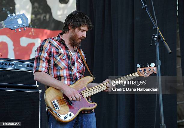 Bass player Roger Dabbs of The Features performs at The End Summer Camp at Marymoor Amphitheater on August 25, 2012 in Redmond, Washington.