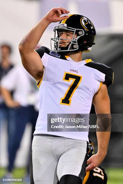 Chris Blewitt of the Pittsburgh Maulers watches as he makes a 55 yard yard field goal against the Birmingham Stallions during the second quarter in...