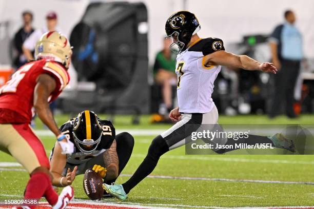 Chris Blewitt of the Pittsburgh Maulers kicks a 55 yard field goal against the Birmingham Stallions during the second quarter in the 2023 USFL...