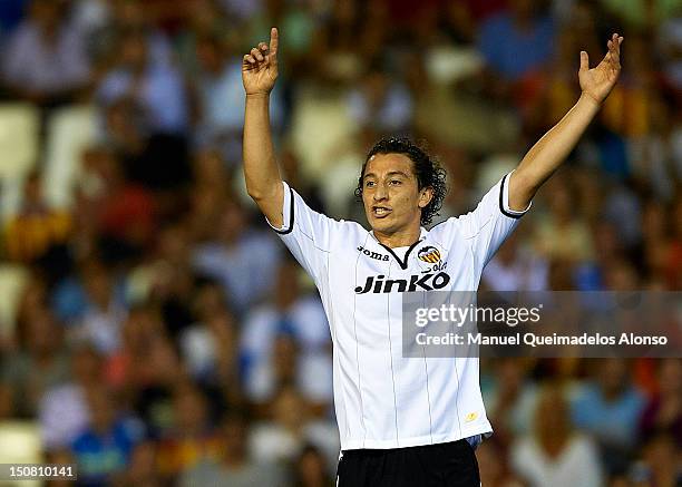 Andres Guardado of Valencia reacts during the La Liga match between Valencia and Deportivo at Estadio Mestalla on August 26, 2012 in Valencia, Spain.