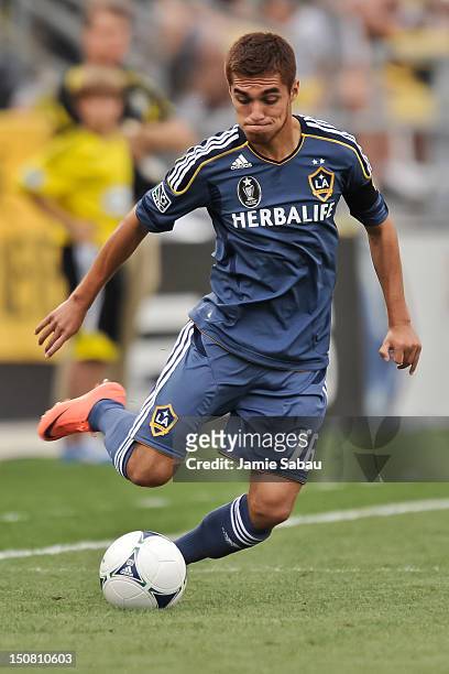 Hector Jimenez of the Los Angeles Galaxy controls the ball against the Columbus Crew on August 15, 2012 at Crew Stadium in Columbus, Ohio.