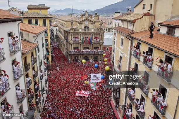 San Fermin Festival begins with 'Chupinazo' in front of the Town Hall of Pamplona in Pamplona, Spain on 06 July 2022. San Fermin Festival is held...