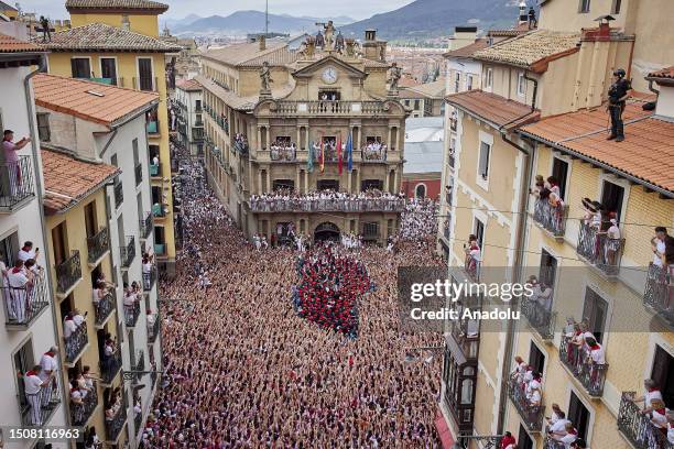 San Fermin Festival begins with 'Chupinazo' in front of the Town Hall of Pamplona in Pamplona, Spain on 06 July 2022. San Fermin Festival is held...