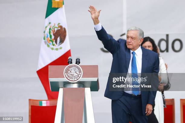 President of Mexico Andres Manuel Lopez Obrador acknowledges his supporters during the 5th year celebration of the victory in the 2018 presidential...