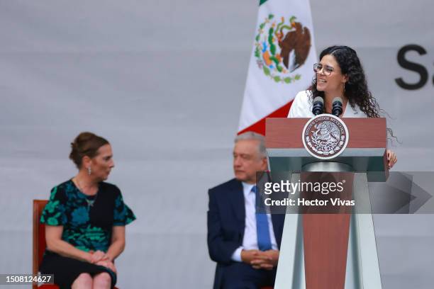 Secretary of the Interior of Mexico Luisa María Alcalde speaks during the 5th year celebration of the victory in the 2018 presidential election at...