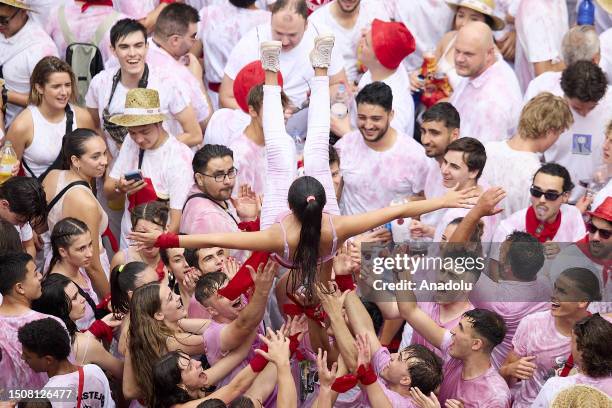 An aerial view of participants as San Fermin Festival begins with 'Chupinazo' in front of the Town Hall of Pamplona in Pamplona, Spain on 06 July...