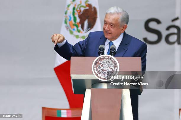 President of Mexico Andres Manuel Lopez Obrador speaks during the 5th year celebration of the victory in the 2018 presidential election at Zocalo on...