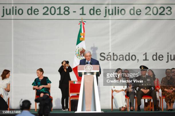 President of Mexico Andres Manuel Lopez Obrador speaks during the 5th year celebration of the victory in the 2018 presidential election at Zocalo on...