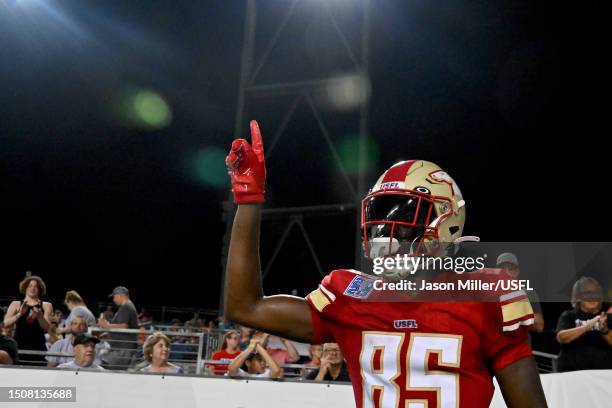 Deon Cain of the Birmingham Stallions celebrates after scoring a 20 yard touchdown pass against the Pittsburgh Maulers during the third quarter in...