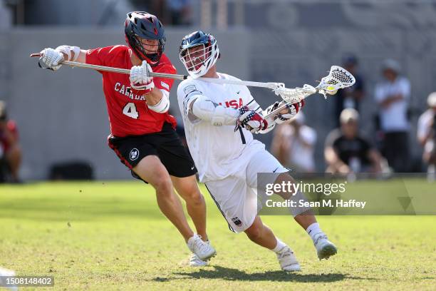 Matt Rambo of Team USA shoots past the defense of Graeme Hossack of Team Canada during the first half of the World Lacrosse Men's Gold Medal match at...