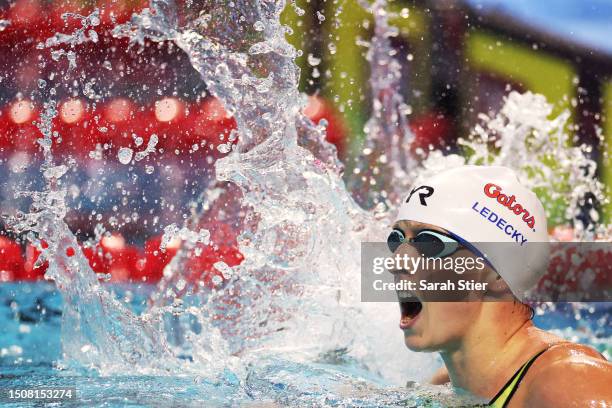 Katie Ledecky reacts after winning in the Women's 1500 Meter Freestyle Final on day five of the Phillips 66 National Championships at Indiana...