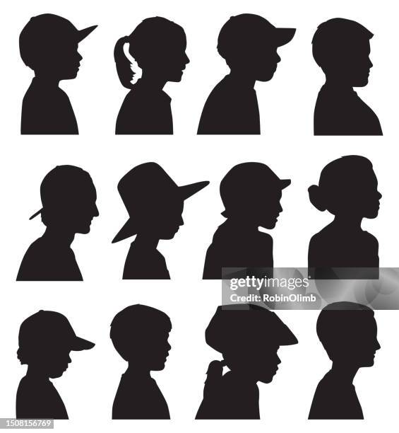 set of children head profile silhouettes - cycling helmet stock illustrations