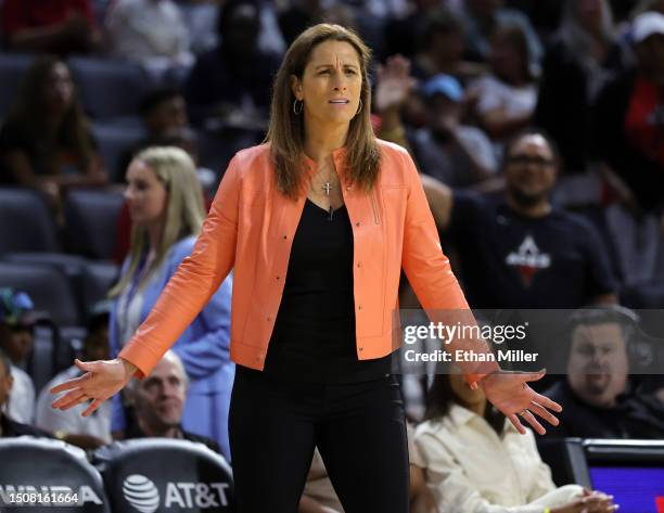 Head coach Stephanie White of the Connecticut Sun reacts after Tiffany Hayes of the Sun was ejected in the third quarter of a game against the Las...