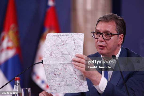 Serbian President Aleksandar Vucic speaks during a press conference after his meeting with Miroslav Lajcak, Special Representative of the European...