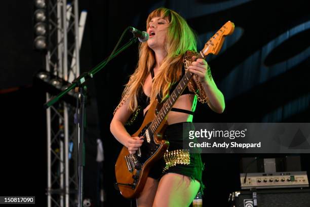 Lindsey Troy of the band Deap Vally performs on stage during Reading Festival 2012 at Richfield Avenue on August 26, 2012 in Reading, United Kingdom.