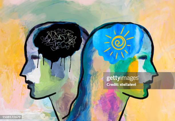 ilustrações de stock, clip art, desenhos animados e ícones de woman with bi-polar, mood disorder. mental health concept - doença mental