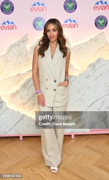 Jessica Alba poses in the evian VIP Suite on day four of Wimbledon on July 6, 2023 in London, England.