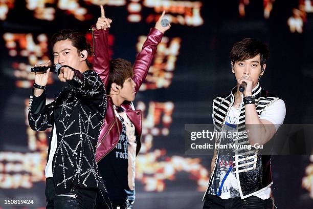 Members of South Korean boy band 2PM perform onstage during the KBS Korea-China Music Festival on August 25, 2012 in Yeosu, South Korea.