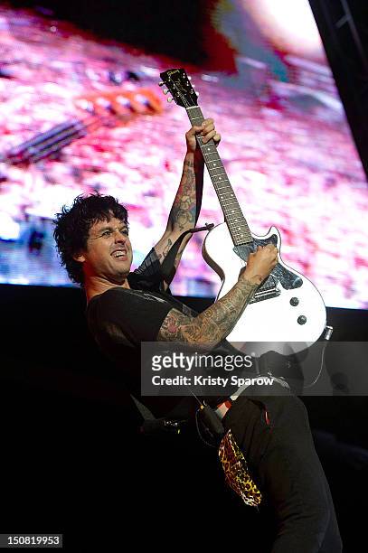 Billie Joe Armstrong of Green Day performs onstage during the 10th annual Rock En Seine Festival at the Domaine National de Saint-Cloud park on...